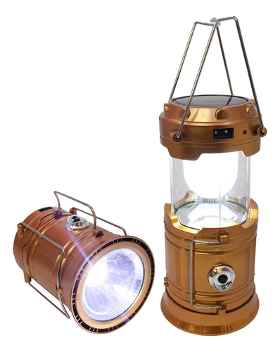 Lanterna Led Solar Lampião Camping Recarregável Usb Dourado