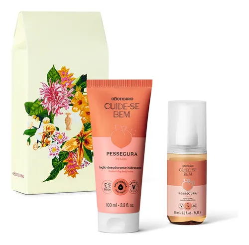 Kit Cuide-se Bem Pessegura com uma caixa de presente, um tubo de loção hidratante de 100ml e um frasco de body splash de 60ml sobre fundo branco.