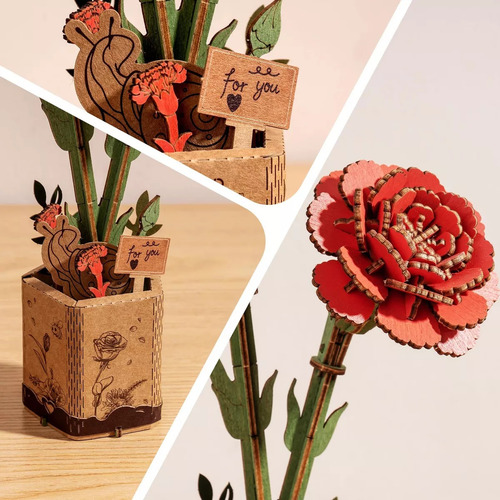 Robotime Rompecabezas 3d Flor Artificial De Madera Clavel Ro