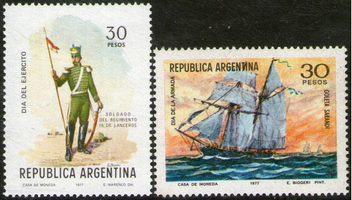 Argentina Serie X 2 Sellos Mint Día Del Ejército (uniforme Militar) Y Día De La Armada (goleta Sarandí) Año 1977 