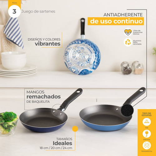 Set De 3 Sartenes Con Antiadherente Ekco Photo Blue