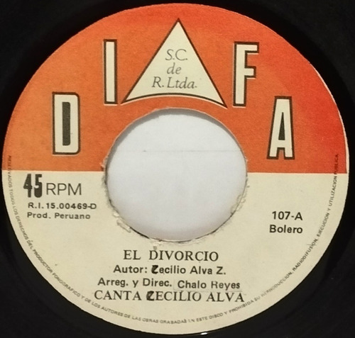 Single 45 Cecilio Alva - El Divorcio + Repudio 1983 Difa