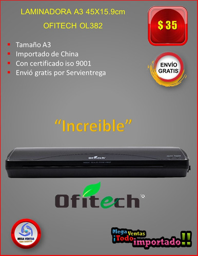 Imagen 2 de 9 de Laminadora Plastificadora A3 45x15.9cm Ofitech Ol382