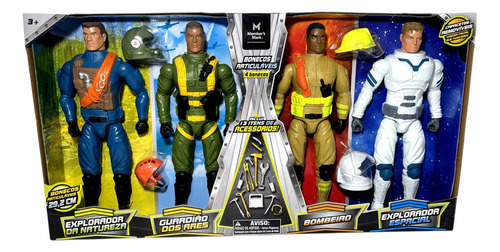 Coleção Conjunto 4 Bonecos Articulados Profissões Com Acessórios - Boneco Menino Estilo Max Steel Profissão - Members Mark : Explorador Da Natureza + Piloto De Avião Caça + Bombeiro + Astronauta