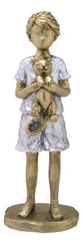 Estatueta Decorativa Garotinho Com Gato