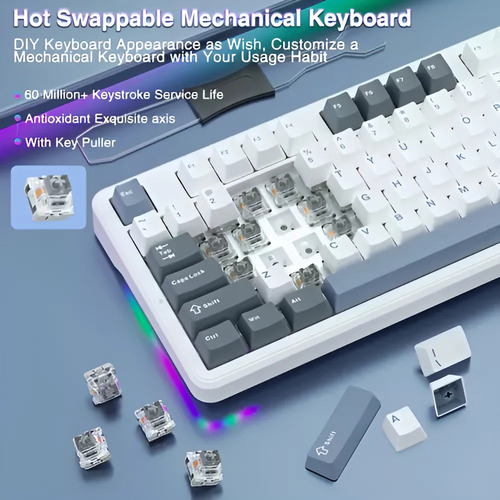 Teclado Mecânico Aula F87 Wireless Gamer Tri Mode Hot Swapp Azul-claro Inglês Us