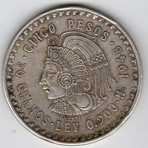 Moneda Plata Ley 900 Cuautemoc Cinco Pesos  Plata  P