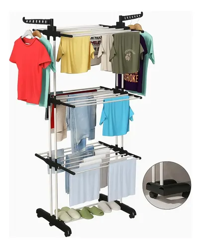 Varal De Chão Epsilon Varal De Roupas 3 Andares Dobrável Grande C/ 4 Rodas Cor Preto