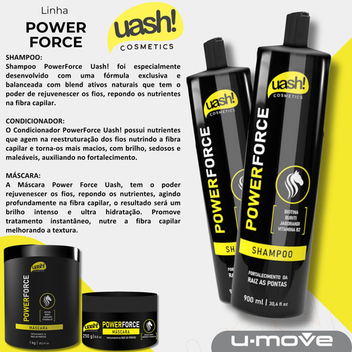 Shampoo Uash Power Force 900ml Fortalece Da Raiz As Pontas