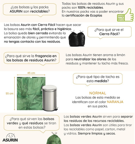 Imagen 2 de 4 de Bolsas Residuo Asurin Rollo 45x60 Verde 30 Unid