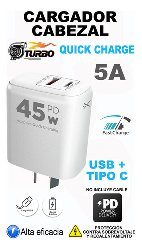 Cargador Carga Rápida Celular 45w Usb Usb C Cabezal Blanco