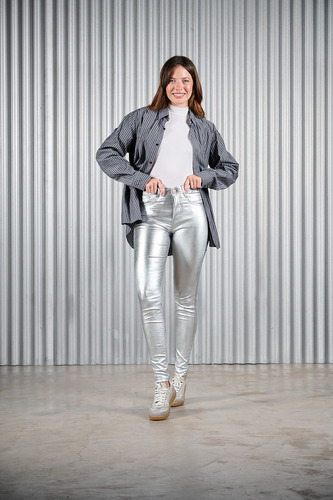Pantalón De Mujer Chupin Cenitho Gris Metalizado Elastizado