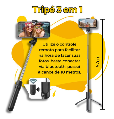 Bastão Pau De Selfie E Tripé 3 Em 1 Bluetooth Mesa C/ Led