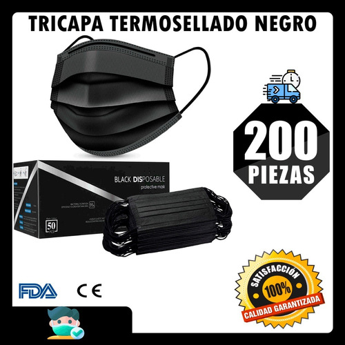 Cubrebocas Negro 200 Pzas  Plisado Tricapa Termosellado Ttp