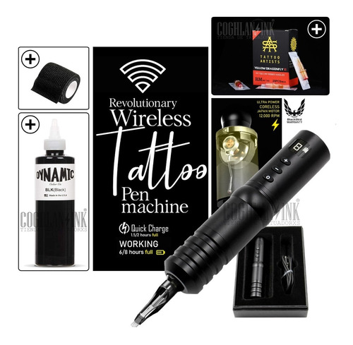 Kit Tattoo Pen Wireless Revolut + 20 Cartuchos + Dynamic 8oz