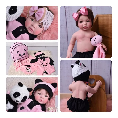 Boneca Bebe Reborn Realista Pandinha Linda Enxoval Completo