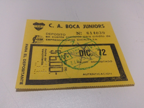  Recibo C A Boca Juniors Ciudad Deportiva Diciembre 1972 