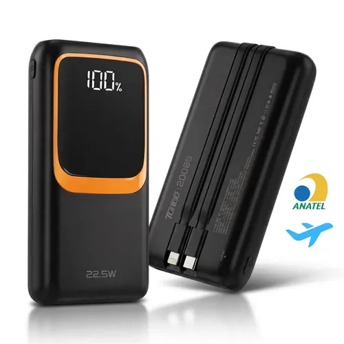 Carregador Portátil 20000mAh Turbo Power Bank Universal com Cabos Integrados par