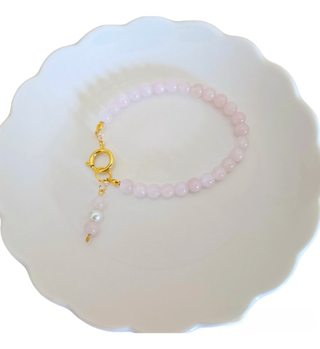 Pulsera En Cuarzo Rosa Natural Con Cierre Dorado