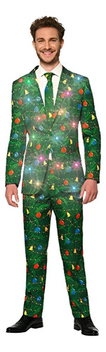 Traje Verde Con Estampado Navideño Y Saco Con Luz Real