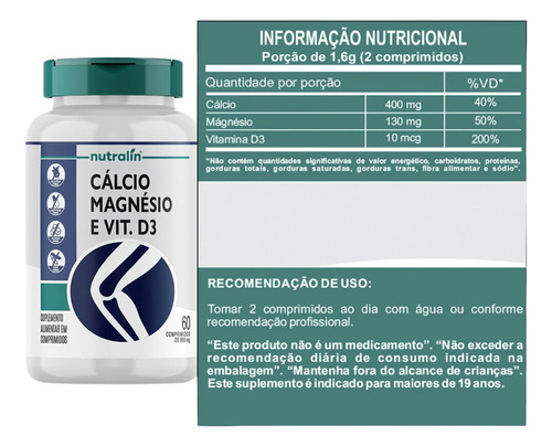 4x Cálcio Magnésio Vitamina D3 Nutralin 800mg 60 Comp