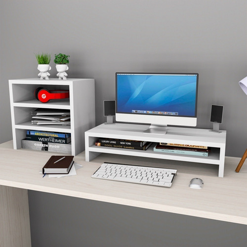 Prateleira Para Monitor Em Mdf Duplo Escritório + Escaninho