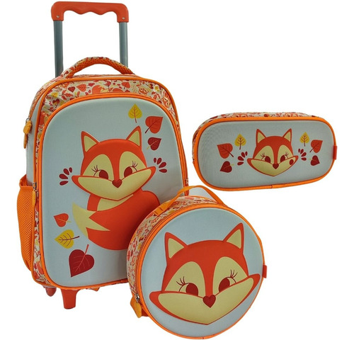 Kit Mochila Infantil Raposa Lancheira Estojo Escolar Rodinha