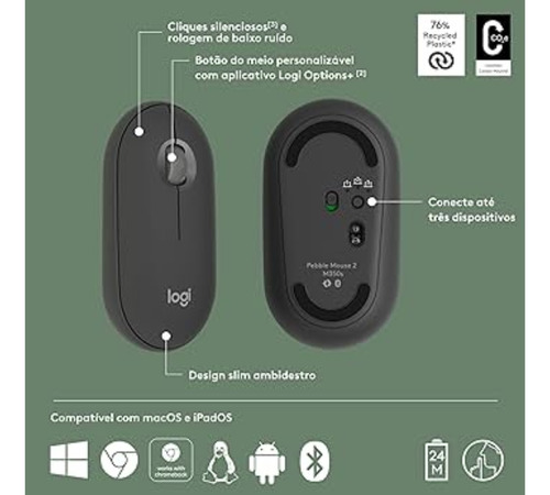 Combo Grafite Pebble Mouse 2 + Teclado S/ Fio Keys 2 K380s