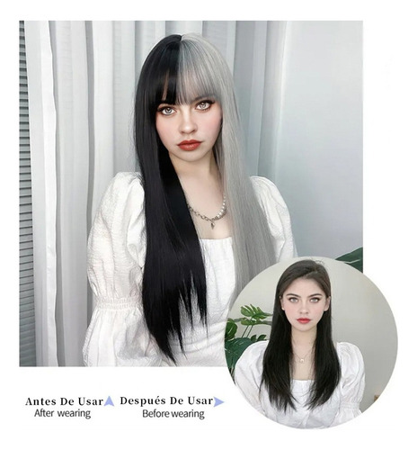 2025 Peluca Cabello Con Flequillo Largo Y Liso Negro Blanco