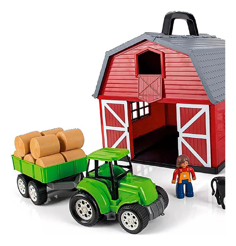 Brinquedo Fazendinha 40 Peça Celeiro Bonecos Trator Poliplac 40
