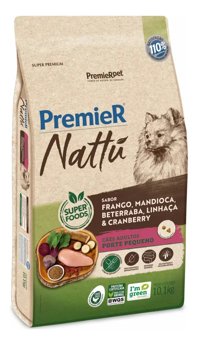 PREMIER NATTU CAES ADULT R. PEQ. FRANGO, MANDIOCA BETERRABA 10,1 KG