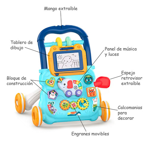 Andadera Camindora Musical De Bebé 3 En 1, Juguete De Tablero De Dibujo, Color Azul