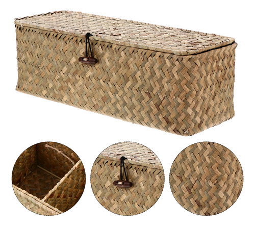 Cesta De Almacenamiento Rectangular De Ratán Tejida Con Tapa