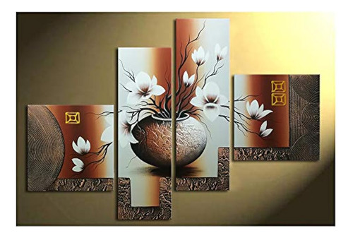 Wieco Art, 4 Piezas, Elegantes Flores Estiradas Y Enmarcadas