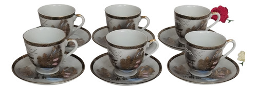 Antiguas Tazas Café Porcelana Geisha Base Pintado A Mano X 6