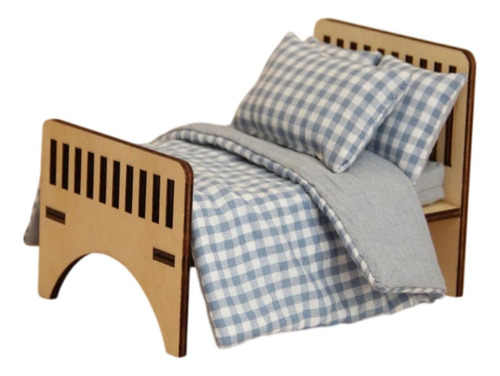 Cama De Madera En Miniatura Para Casa De Muñecas A Tartán
