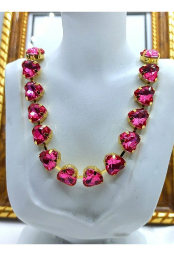 Collar De Corazones Rosa Cristal Acrílico & Oro Laminado