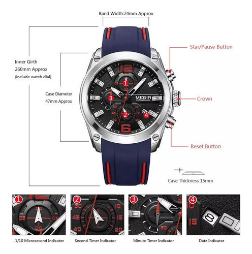 Reloj de pulsera deportivo casual M2063g-2 de Megir con cuerpo plateado, para hombre, fondo, ver imágenes, color azul, color del bisel, ver fotos
