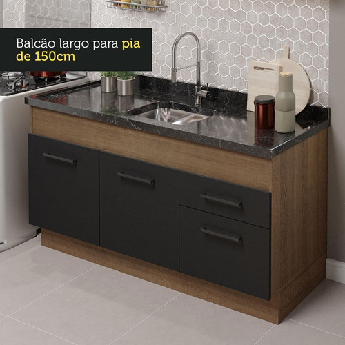 Cozinha Compacta Agata Madesa 150002 Armário Sem Tampo Rp Cor Rustic/Preto