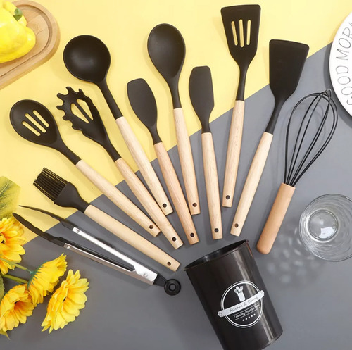 Utensilios Silicona De Cocina Premium Espatula Brocha 12 Set Negro