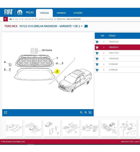 Moldura Cromada Grade Fiat Toro 22/ 100263321