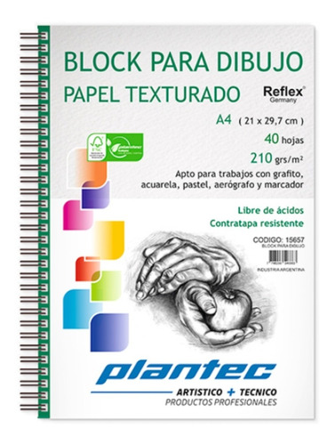 Block Para Dibujo A5 Espiral Plantec 40 Hojas 210gr Texturad