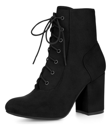 Bota Botines Punta Redondacon Cordones Y Tacón Alto Grueso