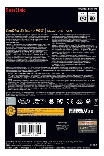 Memoria Sd Sandisk Extreme Pro 64gb U3 C10 4k 170mb/s Dslr