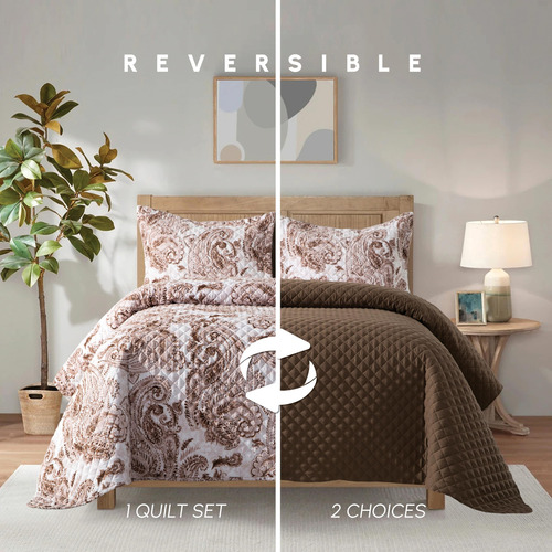 Colcha Reversible 3 Piezas Matrimonial Color Gris Ultra Suav