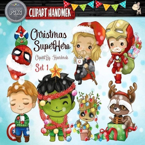 Pack Imagenes Clipart Super Heroes De Navidad S1 +  A1