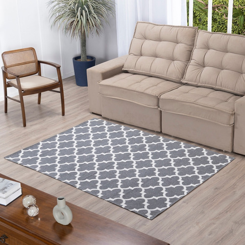 Tapete Antiderrapante Emborrachado 3,00x1,45 Metros Jacquard Comprimento 3 M Desenho Do Tecido Medalhão Cinza Largura 1.45 M