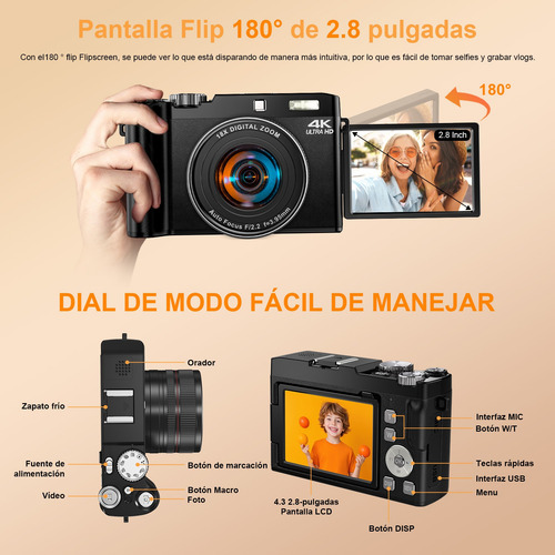 Cámara Digital 4k 64mp Con Pantalla Rotación 180° Dc077