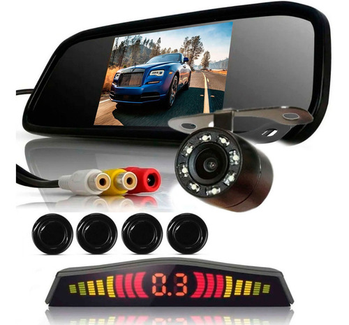 Kit Retrovisor Lcd C/camera Visao Noturna + Sensor Re Preto