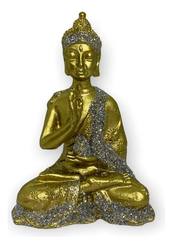 Escultura Buda Tibetano Sentado Meditando 9 Cm Prata Dourado